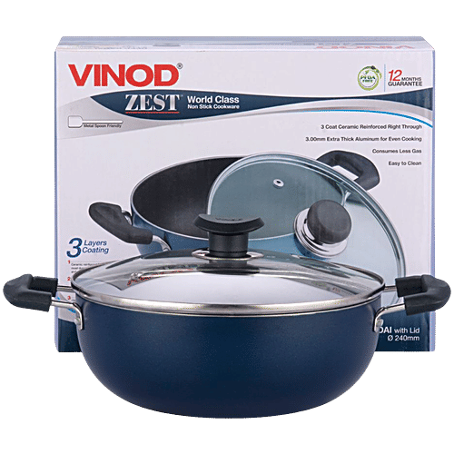 Buy Vinod Zest Non Stick Aluminium Kadai With Glass Lid 24 Cm 3 Mm