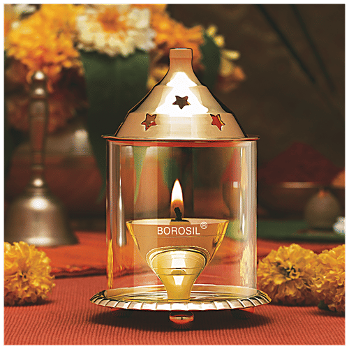 Buy Borosil Akhand Diya With Borosilicate Glass Brass Medium