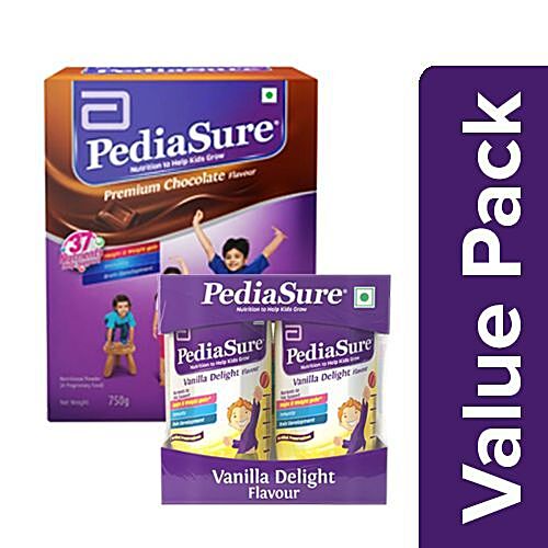 Pediasure Complete & Balanced Premium Chocolate 750G + Nutrishake Vanilla  200ml Pack of 4, Combo