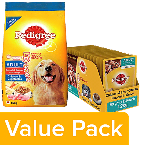 Buy Pedigree Dry Chicken & Veggie 1.2kg+Wet Chicken & Liver Chunks 80g ...