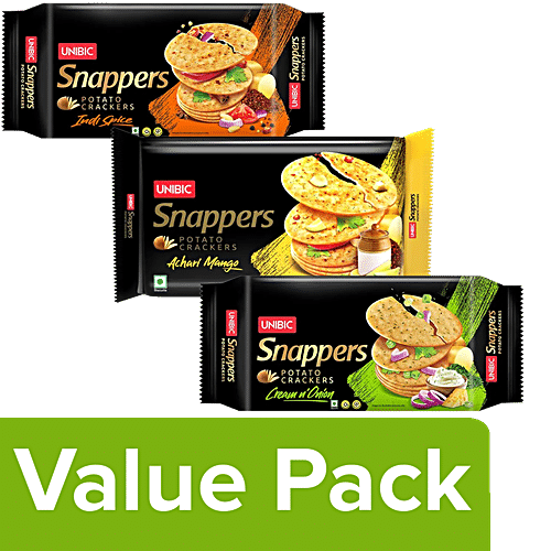 Buy UNIBIC Snappers - Potato Crackers, Cream 'N' Onion + Indi Spice ...