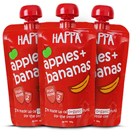 Happa Organic Puree - Apple + Banana, Healthy & Nutritious, Easily Digestible, Stage 2, 6 Months+, 100 g Multipack 