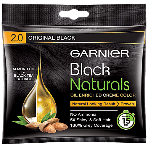 Garnier Black Naturals Hair Colour, 20 ml + 20 g Shade 2, Original Black 100% Grey Coverage & No Ammonia