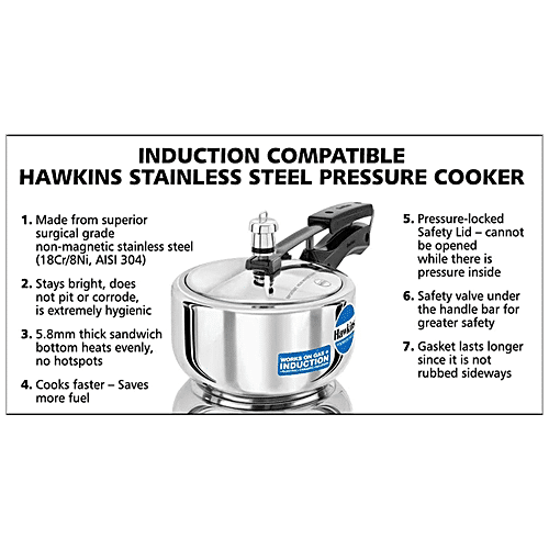 Hawkins SSC20 Stainless Steel Pressure Cooker, 2 Liter, Silver