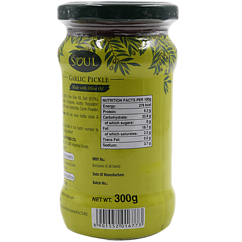 Buy Soul Garlic Pickle In Olive Oil 300 Gm Jar Online At Best Price of