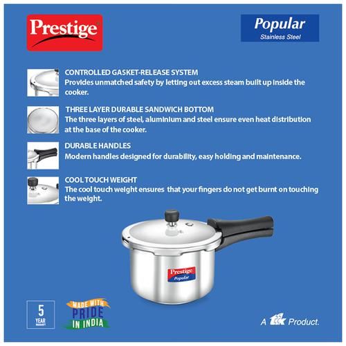 Prestige Popular Stainless Steel Pressure Cooker, 3 litres 