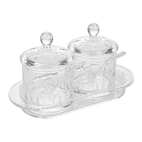 ACRYLIC PLASTIC CLEAR SWEETS SAUCE SUGAR BOWL SPOON LID CONDIMENT JAM  CONTAINER