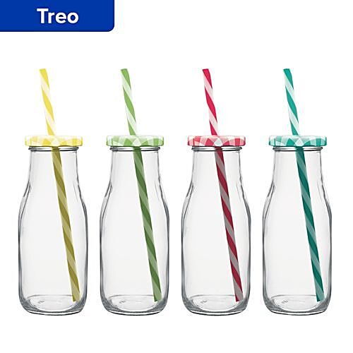 Estilo EST2791 Dairy Reusable Glass Milk Bottles with Straws and Metal  Screw on Lids, Set of 6, 10.5 oz, Clear : : Home