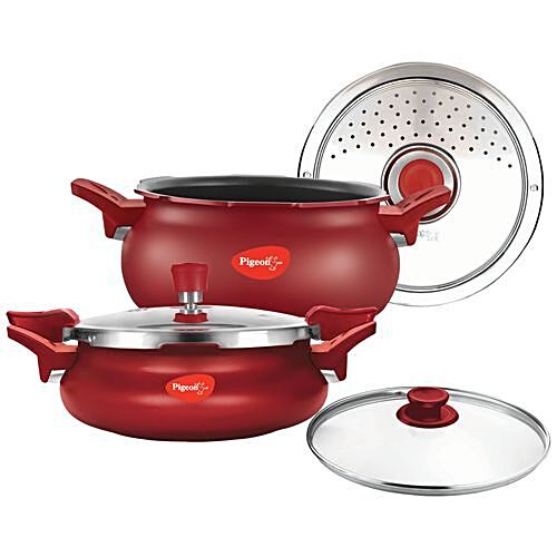 Pigeon by Stovekraft All In One Super Pressure Cooker Combo 5 Ltr 3 Ltr Red Induction Bottom 2 pcs