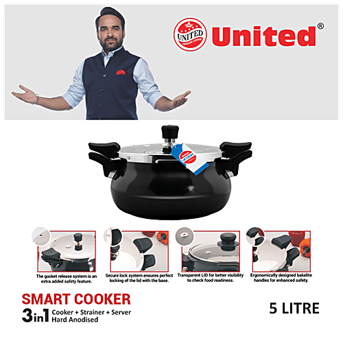 United 3 In 1 Aluminium Pressure Cooker Smart Induction Base Hard Anodised Black 5 L