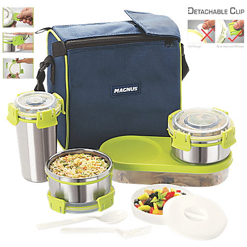 Buy Magnus Steel Lunch Box/Tiffin Set With Tumbler & Bag - Klip Lock ...