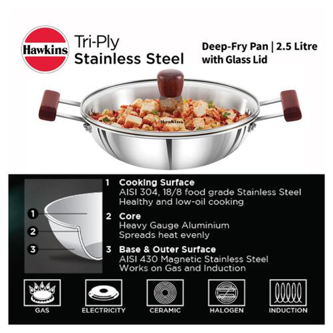 Hawkins Tri-Ply Stainless Steel Deep Fry Pan/Kadai With Glass Lid - 3 Layer, Induction Base, 26 cm, 3 mm, SSD25G, 2.5 l 