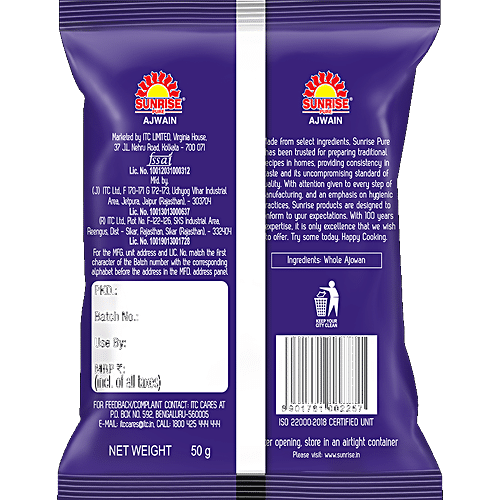 Sunrise Pure Ajwain Whole Spice, Bishop's Seed, 50 g Pouch 