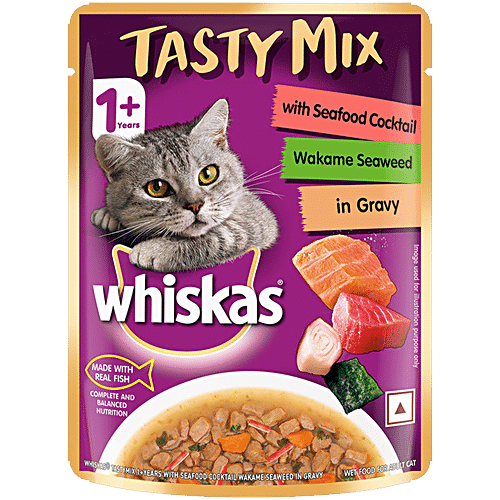 Whiskas Tasty Mix Wet Cat Food Adult 1 Years Seafood Cocktail Wakame Seaweed In Gravy 70 g