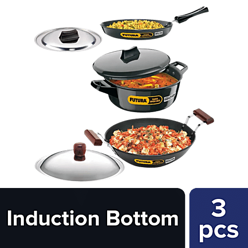 Hawkins Futura Hard Anodised Induction Compatible Cookware Set Black IASET1 Deep Fry Pan Cook N Serve Bowl Frying Pan 25 cm 3 pcs