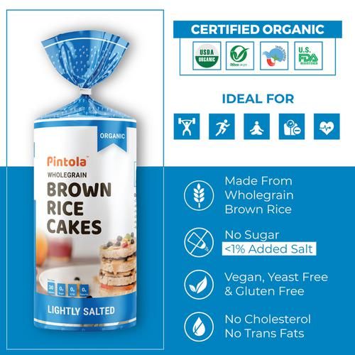 Pintola Organic Wholegrain Brown Rice Cakes - Lightly Salted, 130 g  Only 30 Calories Per Cake