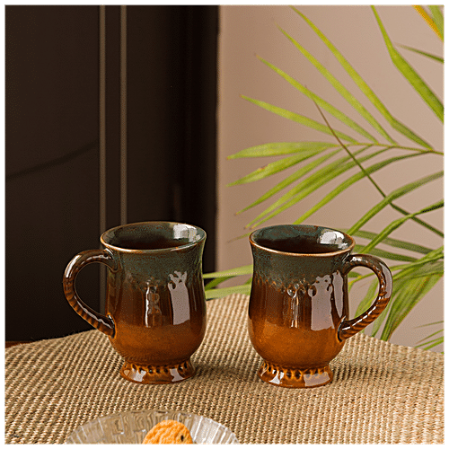 ExclusiveLane Ceramic Tea & Coffee Mugs - Amber & Teal Studio Pottery, 350  ml