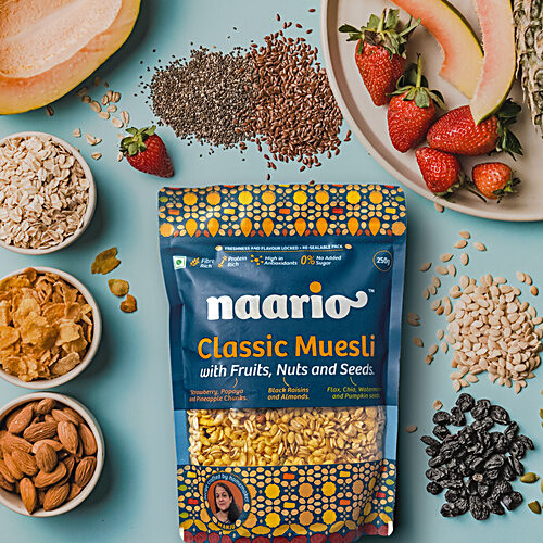 NAARIO Classic Muesli- Crunchy with Real Fruits, Nuts, Seeds | Fibre Rich | 0 Sugar, 250 g Zipper Pouch 