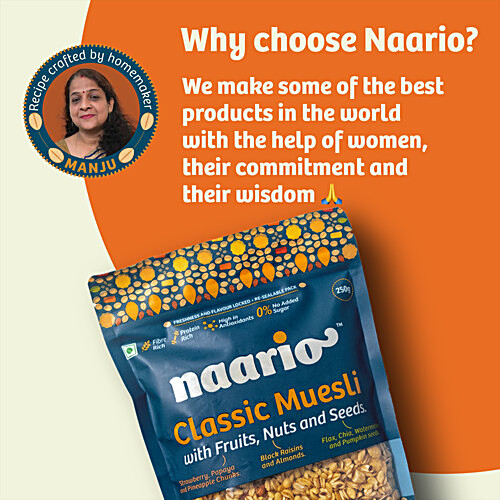 NAARIO Classic Muesli- Crunchy with Real Fruits, Nuts, Seeds | Fibre Rich | 0 Sugar, 250 g Zipper Pouch 