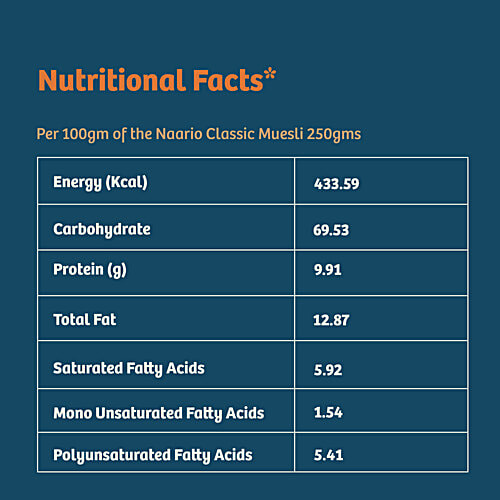 NAARIO Classic Muesli- Crunchy with Real Fruits, Nuts, Seeds | Fibre Rich | 0 Sugar, 250 g Zipper Pouch 