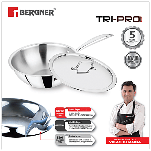 Bergner Stainless Steel Triply Deep Fry Pan Wok Kadhai With Lid 3.8 L 24 cm