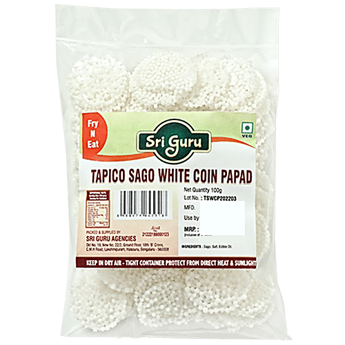 SRI GURU Tapico Sago White Coin Papad Fry Eat 100 g