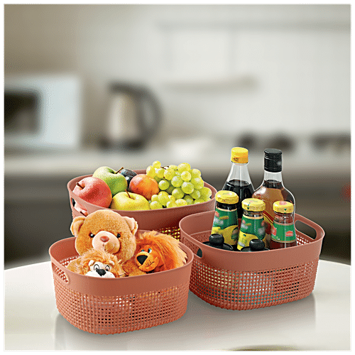 Set of 3 Wicker Basket Hamper with Lid Storage Gift Box Resin