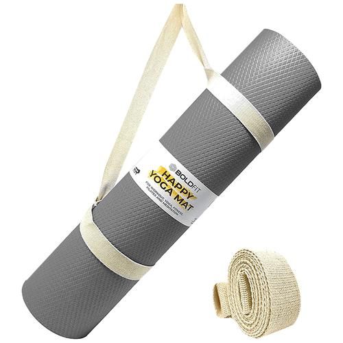 Boldfit Happy Yoga Mat With Carrying Strap - 4 mm, Anti Slip, Grey, 1 pc