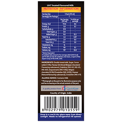 Cavins Belgian Chocolate Milkshake, 170 ml Tetra Pak With Calcium, Supports Strong Bones