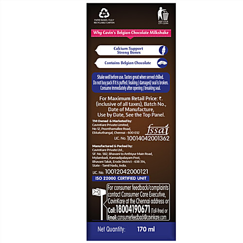 Cavins Belgian Chocolate Milkshake, 170 ml Tetra Pak With Calcium, Supports Strong Bones