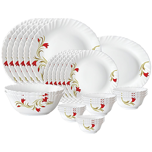 Buy Larah By Borosil Red Lily Fluted Series Opalware Dinner Set - White ...