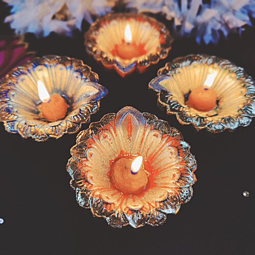 House of Festivals Multicolour Flower Print Decorative Handmade Clay/Mitti Diya/ Traditional - For Pooja, Diwali, 4 pcs  