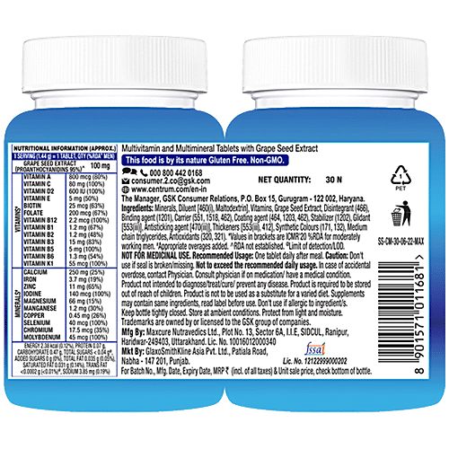 Centrum Men With Grape Seed Extract, Vitamin C & 22 Vital Nutrients For Overall Health, Strong Muscles & Immunity, 30 pcs  World's No.1 Multivitamin