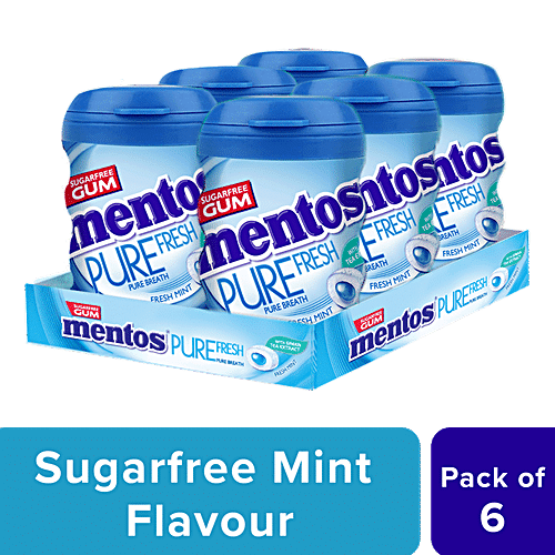 Mentos Pure Fresh, Sugarfree Mint Flavour, Chewing Gum Bottle Pack, 327.6  g- Pack of 6