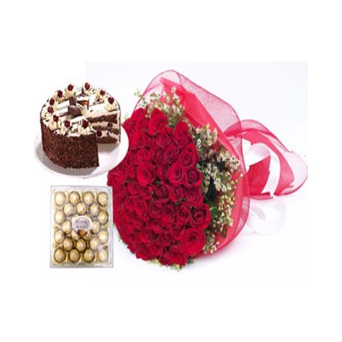Buy Bouquet 148 Bunch Of 50 Red Roses Chocolate Box 500Gm Chocolate Cake 1  Pc Online at the Best Price of Rs null - bigbasket