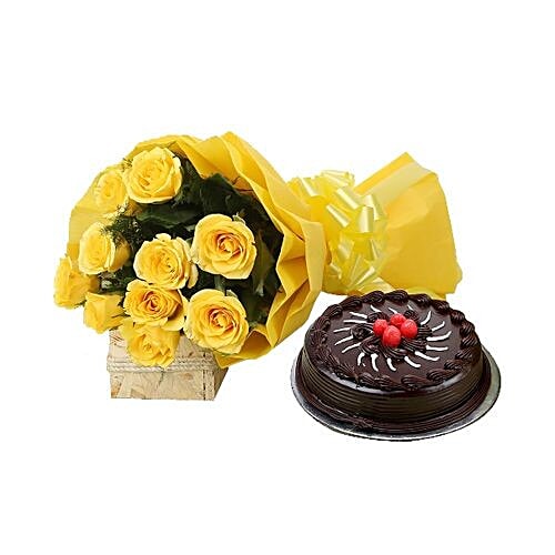 Buy FERNS N PETALS Valentines Day Combo - Yellow Roses And Choco Cake ...