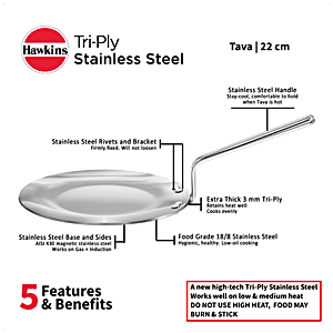 Hawkins 22 cm Tava, Triply Stainless Steel Tawa with Stainless Steel  Handle, Induction Tawa, Silver (SSTV22)