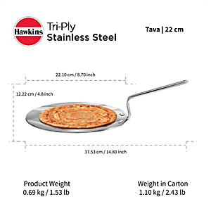 Hawkins 22 cm Tava, Triply Stainless Steel Tawa with Stainless Steel  Handle, Induction Tawa, Silver (SSTV22)