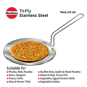 Hawkins 22 cm Tava, Triply Stainless Steel Tawa with Stainless Steel  Handle, Induction Tawa, Silver (SSTV22)