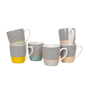 ROXX Pack of 7 Ceramic candy Morning Tea/Coffee 6 mug(180ml) & 1 Tea  Pot(600ml) multicolor