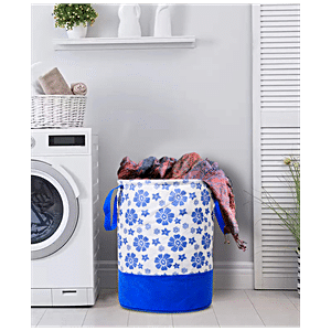 Round Collapsible Laundry Hamper with Handles, Blue Dots, Sold by at Home