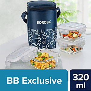 Borosil Glass Universal Lunch Box Set of 4, (2pcs 320 ml sqr + 2pcs 240 ml  Rnd) Microwave Safe Office Tiffin