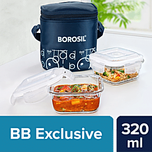 Borosil Glass Universal Lunch Box Set of 4, (2pcs 320 ml sqr + 2pcs 240 ml  Rnd) Microwave Safe Office Tiffin