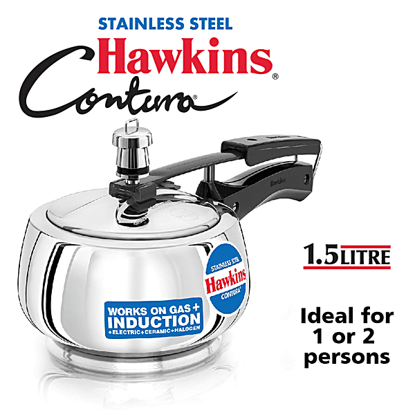 Hawkins Contura Stainless Steel Pressure Cooker for Induction, GAS and Electric Stoves (1.5 liter), Silver (SSC15)