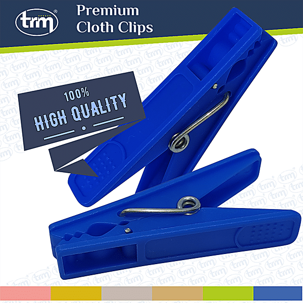 Trm Premium Plastic Hanging Cloth Drying Clips - 2mm, Blue, 24 pcs