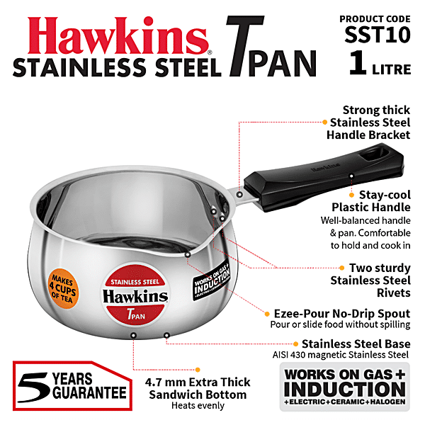 Hawkins 1 Litre Tpan, Stainless Steel Tea Pan, Induction Sauce Pan