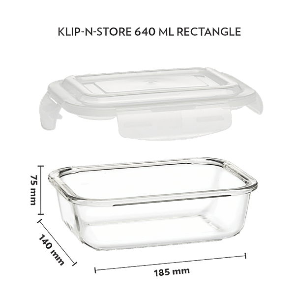 Borosil Klip N Store Glass Storage Containers for Kitchen with Air-Tight  Lids, Microwave & Oven Safe, Rectangular, Set of 2 (370 ml, 370 ml), Clear