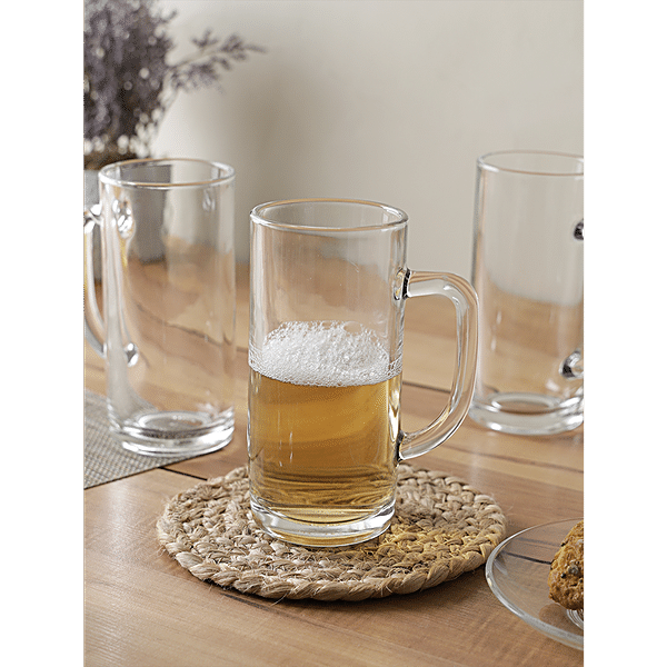 Union Glass Mug Set - Clear Finish, Transparent Serving Glasses With  Handle, For Tea,Coffee,Water, 420 ml