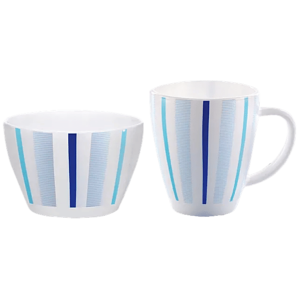 Buy Larah By Borosil Mug & Bowl Breakfast Set - Strip, Blue & White ...