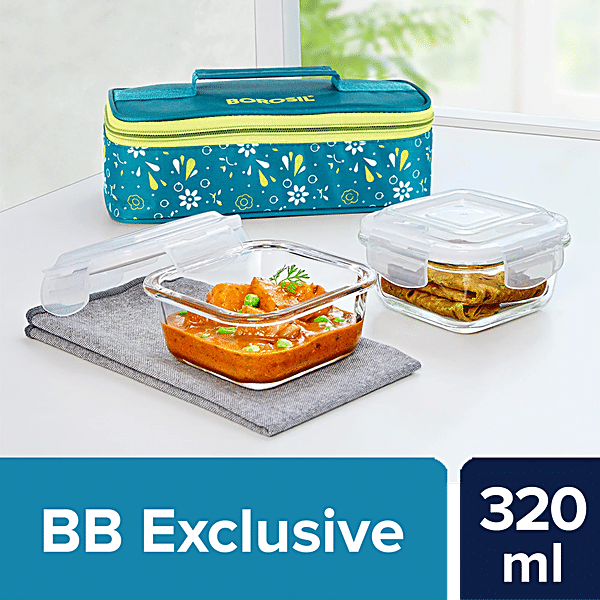Glass Lunch Box Set of 3 320 Ml Square Microwave Safe office Tiffin Blue